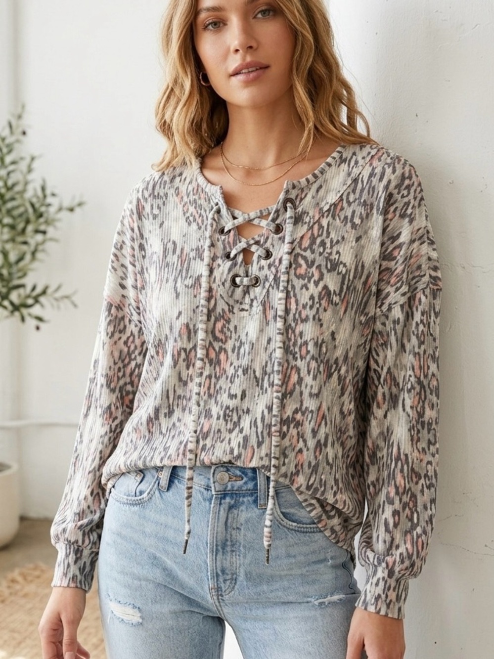 French Laundry Olive, Pink and Gray Leopard-Print Peasant Blouse Size Large
